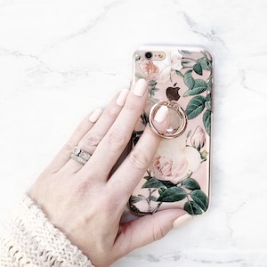 Floral Clear Case and Phone Ring Holder Stand Coquette Rose Pattern Grip iPhone 14 13 12 Pro Max 11 Xs 15 Galaxy Cottage Core CC-RP-RG