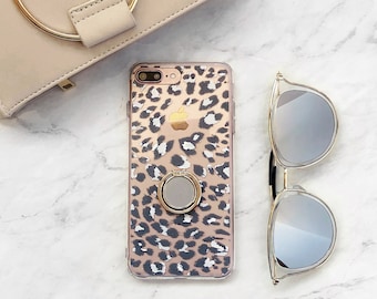 Snow Leopard Clear Phone Case Ring Grip Stand Holder for iPhone or Samsung Galaxy - iPhone 14 13 12 11 Pro Max Se Xs Max 15 CC-LEPSNO-RG