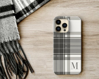 Winter White Plaid iPhone 13 14 15 Pro Max Case Tartan 12 Mini 11 XS Black and White Monogram 14 Plus Personalized Christmas Gift CMG-PLWW