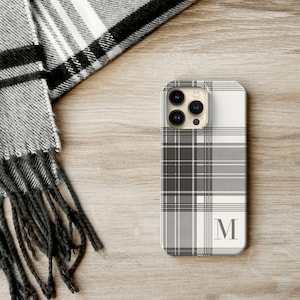 Winter White Plaid iPhone 13 14 15 16 Pro Max Case Tartan 12 Mini 11 16e Black and White Monogram Personalized Christmas Gift C-PLWW