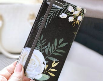 Floral iPhone Wallet Case iPhone 15 14 Plus 13 Pro Max 12 11 SE Watercolor White Roses on Black WC-WATRO