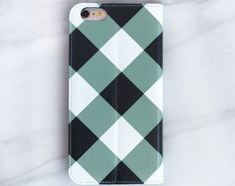 Gingham iPhone Xs Wallet Case Checked iPhone Wallet Gray and White