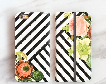 One Women's Wallet iPhone Case Floral Stripes 12 11 Pro Xs 8 13 14 Plus Case Preppy WC-BOQST