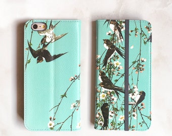 One iPhone 14 Wallet Case Birds on Branches iPhone 13 12 11 Womens Wallet Cherry Blossoms, Swallows iPhone 11 Case WC-BOB