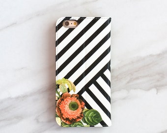 Striped Floral Faux Leather Wallet Woman iPhone 15 14 13 SE 2020 Xs / 11 / 12 / 8 Plus Case Preppy WC-BOQST