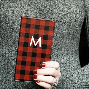 Personalized Phone Wallet iPhone 15 Pro Max Buffalo Plaid iPhone Xs Hygge Monogram Faux Leather Wallet Gifts for Her 13 12 14 Plus WC-BUFFR