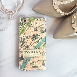 Estuche de viaje con mapa de París para iPhone 13 Pro y 14 Plus. Estuche de mujer estilo vintage para iPhone 12 y iPhone 16. WC-MAPPA