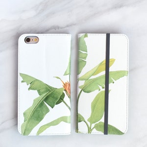 Funda tipo cartera para iPhone con diseño de hojas de plátano para iPhone 14+ / 16 Pro Max / 13 / 12 / 11 / 15 / 13 Pro / Tropical WC-TROPBN