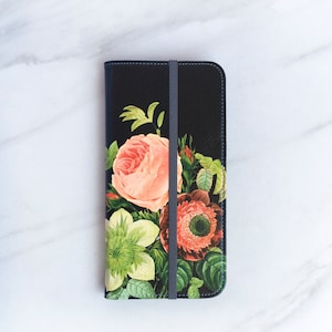Bouquet Floral iPhone 16 Wallet Case Floral on Black iPhone Womens Wallet iPhone 11 iPhone 14 Plus Faux Leather WC-BOQ