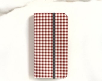 Red Gingham iPhone Xs Wallet Case Checked Folio iPhone 8 Plus iPhone 14 Plus WC-GINR