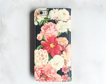 Floral Faux Leather Wallet iPhone 12, Xs Wallet Case Floral Bunch on Black iPhone 8 Plus Womens Wallet iPhone 11 iPhone SE 2020 WC-FB