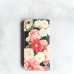 Cartera de piel sintética con diseño floral para iPhone 12 y 16. Funda tipo cartera con diseño floral en negro. Cartera para mujer para iPhone 11 y iPhone SE 2020 WC-FB