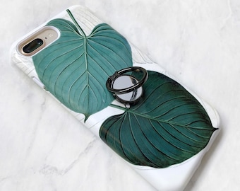 Jungle Leaf iPhone or Samsung Galaxy Ring Stand Phone Cases Expanding Stand Grip Tropical Aesthetic iPhone 15 13 Pro Max 12 11 Xs CG-JUN-RG