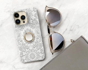 Gold Ring Phone Grip with Urban Boho Gray Case for iPhone / Samsung Galaxy Finger Holder iPhone 14 Plus 13 12 11 Pro Max Xs 15 Se INDGY-RG