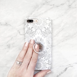 Urban Boho Gray Case with Silver Ring Stand Grip for iPhone and Galaxy, Finger Holder iPhone 15 13 12 11 Pro Max Xs 14 Se 2020 CG-INDGY-RG