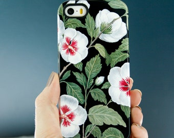 Hawaiian iPhone MagSafe Case Hibiscus iPhone 15 14 13 12 Xs SE, Floral iPhone 11 Pro, Tropical Flowers on Black CMG-HAWB