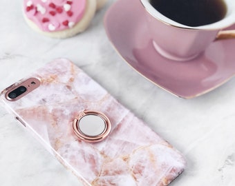 Rose Quartz Case with Ring Phone Grip iPhone or Galaxy Expanding Stand Finger Holder Millennial Pink Marble, 11 12 13 14 Pro Xs Max QFRP-RG