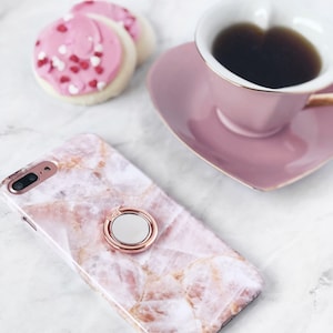 Rose Quartz Case with Ring Phone Grip iPhone or Galaxy Expanding Stand Finger Holder Millennial Pink Marble, 11 12 13 14 Pro Xs Max QFRP-RG