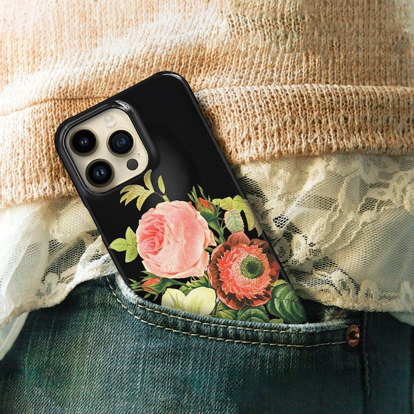 Vintage Floral Phone Case — Black Botanical Bouquet iPhone 17 16 15 & Samsung, Dark Cottagecore Roses | Romantic Gift for Her