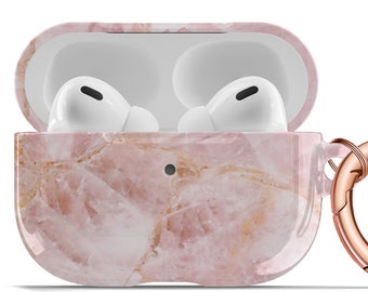 Rose Quartz AirPod Case Pink Marbled AirPods Pro Hard Cover Rose Gold Keychain  AP-QFRP