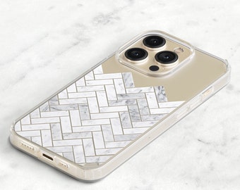 Clear Phone Case White Marble Herringbone Tile Design iPhone 15 14 Plus 12 Mini Xs 13 Pro Max Galaxy S23 Ultra CC-MART