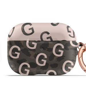Personalized AirPod Case Black Leopard and Blush Luxury Monogram Pattern AirPods Pro Hard Case Keychain Rose Gold  AP-LEPBLBL
