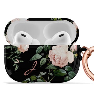 Rose Pattern on Black AirPod Case Monogrammed AirPods Pro Hard Case Keychain Rose Gold AP-RPB AirPods PRO 1st/2nd generation