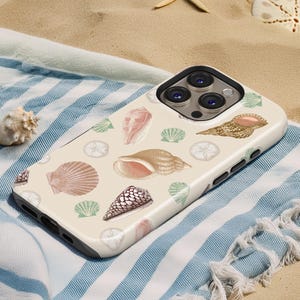 Vintage Seashell Phone Case Custom Name Initials iPhone 15 16 Pro Max 14 MagSafe 16e 13 17e 17 Galaxy S24 Ultra Beach Costal Aesthetic C-SS