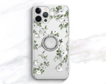 Floral Phone Case Grip Ring Holder Set, iPhone Samsung Galaxy Finger Holder Stand White Flowers CC-FLB