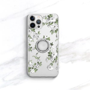 Floral Phone Case Grip Ring Holder Set, iPhone Samsung Galaxy Finger Holder Stand White Flowers CC-FLB