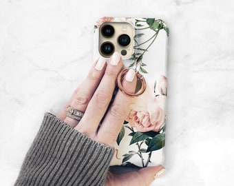 Personalized Rose Floral Phone Case & Rose Gold Ring Grip – Custom Initial iPhone 16 15 14 Galaxy S24 S25 – Feminine Monogram Gift C-RP-RG