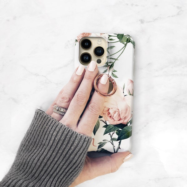Personalized Rose Floral Phone Case & Rose Gold Ring Grip – Custom Initial iPhone 16 15 14 Galaxy S24 S25 – Feminine Monogram Gift C-RP-RG