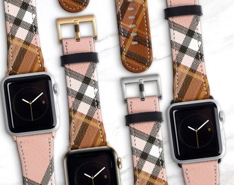 Apple Watch Band Plaid Blush Brown 41mm 38 42 44mm 49mm 40 45mm Vegan Leather Ultra Series 9 8 7 6 5 4 SE Gift for Her WB-PLBB