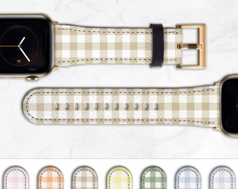 Pastel Gingham Apple Watch Band Latte Tan Faux Leather Aesthetic Checkered 45mm 41mm 40mm 38mm 42mm 44mm 49mm Series 9 8 7 6 5 SE WB-GINP