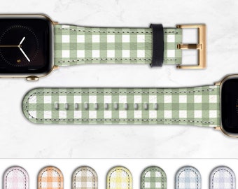Gingham Apple Watch Band Faux Leather Summer Aesthetic Sage Check 45mm 41mm 40mm 38mm 42mm 44mm 49mm Series 11 10 9 8 7 6 5 SE WB-GINP