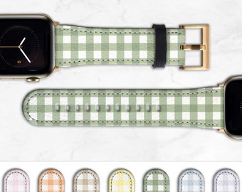 Pastel Gingham Apple Watch Band Sage Green Faux Leather Summer Aesthetic Check 45mm 41mm 40mm 38mm 42mm 44mm 49mm Series 8 7 6 5 SE WB-GINP