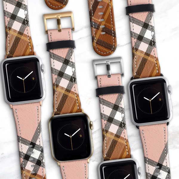 Apple Watch Band Plaid Blush Brown 41mm 38 42 44mm 49mm 40 45mm Vegan Leather Ultra Series 9 8 7 6 5 4 SE Gift for Her WB-PLBB