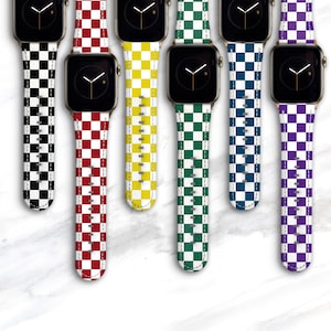 May include: Five Apple Watch bands with a checkered pattern in black and white, red and white, yellow and white, green and white, and purple and white.