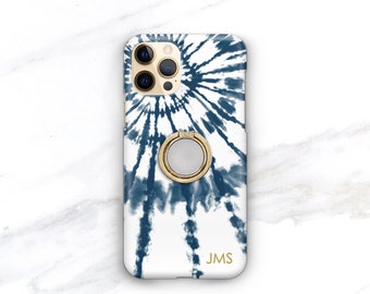 Blue Tie Dye and Gold Ring iPhone Case - Boho Aesthetic Samsung Galaxy Phone Stand Grip CG-TIDYBW-G