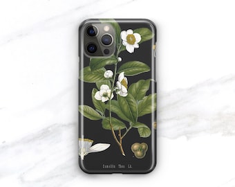 Tea Lovers Phone Case iPhone 13 14 15 MagSafe Case Black Tea Leaves Botanical Gift 12 Mini Xs SE 11 15 Dark CottageCore S23 CMG-TEAB