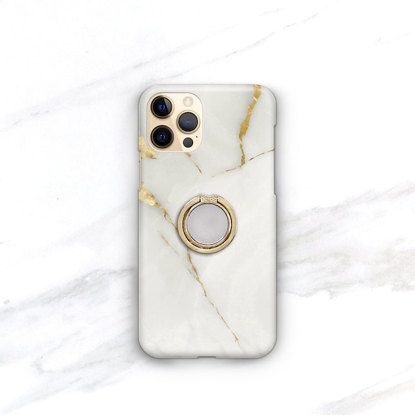 iPhone Case with Ring Holder - White Marble Gold Finger Ring Stand for iPhone 15 12 Pro,  Max, iPhone 14 Pro, iPhone 12 Case CM-ONXWG