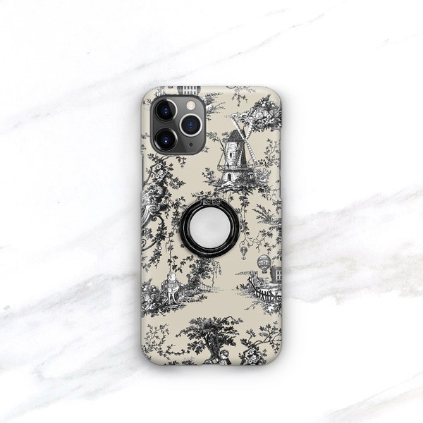 Black Toile Ring Grip iPhone Case, Expanding Stand Dark Cottagecore Aesthetic iPhone 15 13 12 Pro Max 14  Galaxy s22 CM-WTBL-RG