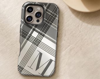 Black White Plaid Phone Case with Monogram — Oversized Initial, iPhone Samsung Pixel