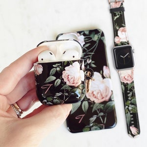 Matching Set Personalized Roses on Black Floral Airpods Case, Apple Watch Band, iPhone 14 13 Pro Max MagSafe 12 11 Gift for Her Wb-AP-CG-RPB