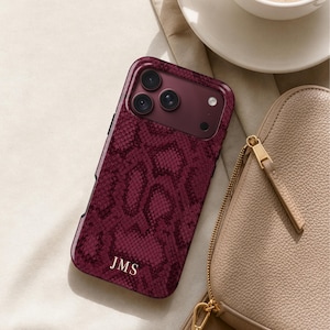 Burgundy Snakeskin Phone Case with Monogram — Animal Print, iPhone Samsung Pixel