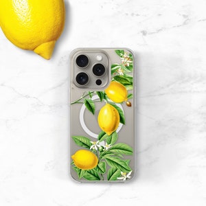 Lemon Botanical Clear Phone Case for Summer iPhone 16 16e 15 Pro Max 14 13 12 - Magsafe Option -  & Galaxy S24 S25 Ultra CC-LEM