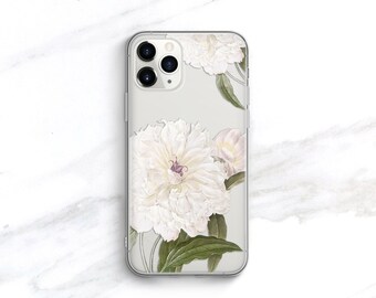 CLEAR Floral iPhone 14 Case, iPhone 12 Pro Case, White Peony, iPhone 13 Mini Case Clear With Design Galaxy S20 iPhone 11 Xs Max Xr CC-PEOPAT