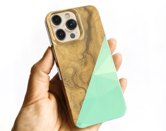 Phone Case Mint Geometric Wood Print iPhone 15 14 Pro Max Case 13 12 Mini Faux Wooden iPhone 14 Plus, Triangle  S23 Ultra CMG-WOGEOMNT