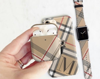 Matching Set Personalized Camel Plaid Airpods Case Apple Watch Band iPhone 13 14 15 Pro Max MagSafe 12 Gift for Her NovaCheck Wb-AP-CM-PLNC