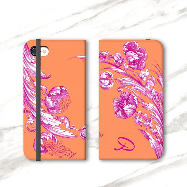 Personalized iPhone Wallet Case Floral Fuchsia and Tangerine iPhone 13 12 8 Plus 11 Pro Xs SE Womens Wallet Monogram Gift for Her WC-VFLFT
